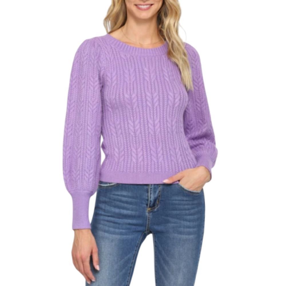 Fab'rik Women's Purple Cable Knit Balloon Sleeve Sweater